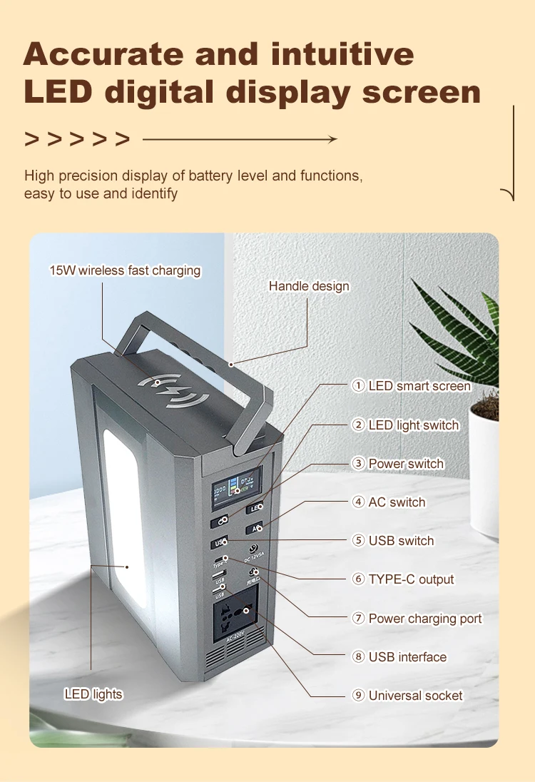 Portable Power Station With LED Light, 300Watts Ac Output, 200Wh LifePo4 Battery 15Watts Wireless Charging M-3T US/UK/EU Model details