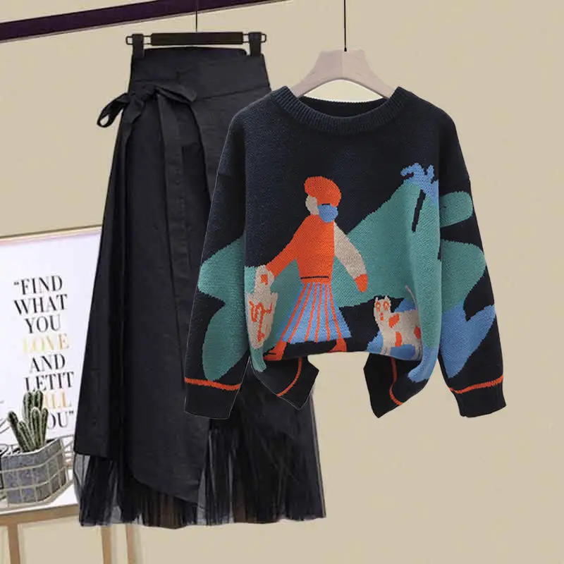 Large Size Women's Spring Solid Chenille Two-Piece Set New Fake-Slimming Shirt Top and Midi Skirt factory