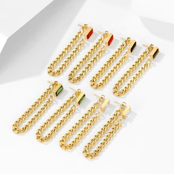 Luxury Design Sense Long Zircon Earrings Stainless Steel Metal Double Layer Gold-Plated Chain Earrings Women Jewelry