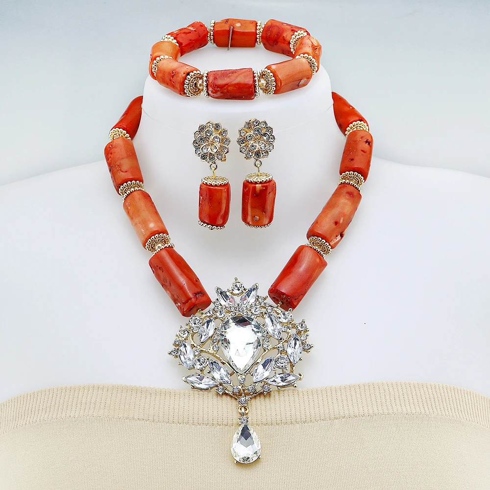 Natural coral bead necklace earrings jewelry set for Nigeria bridal Jewelry African wedding Jewelry Weddings Jewellery Jewellery Sets 
