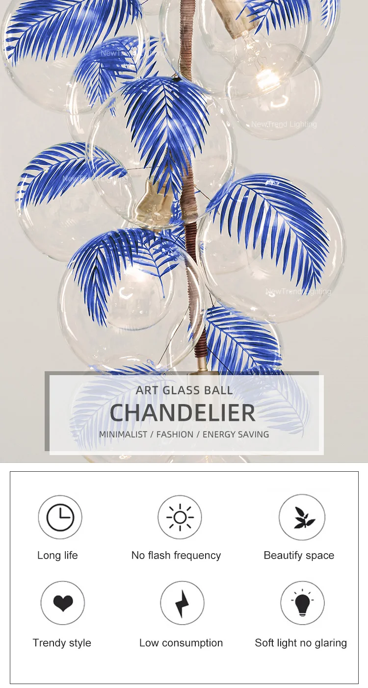 CPL-340 Nature Style Custom Indoor Inspired Branch Lamp Decoration Glass Ball Leaf Led Chandelier factory