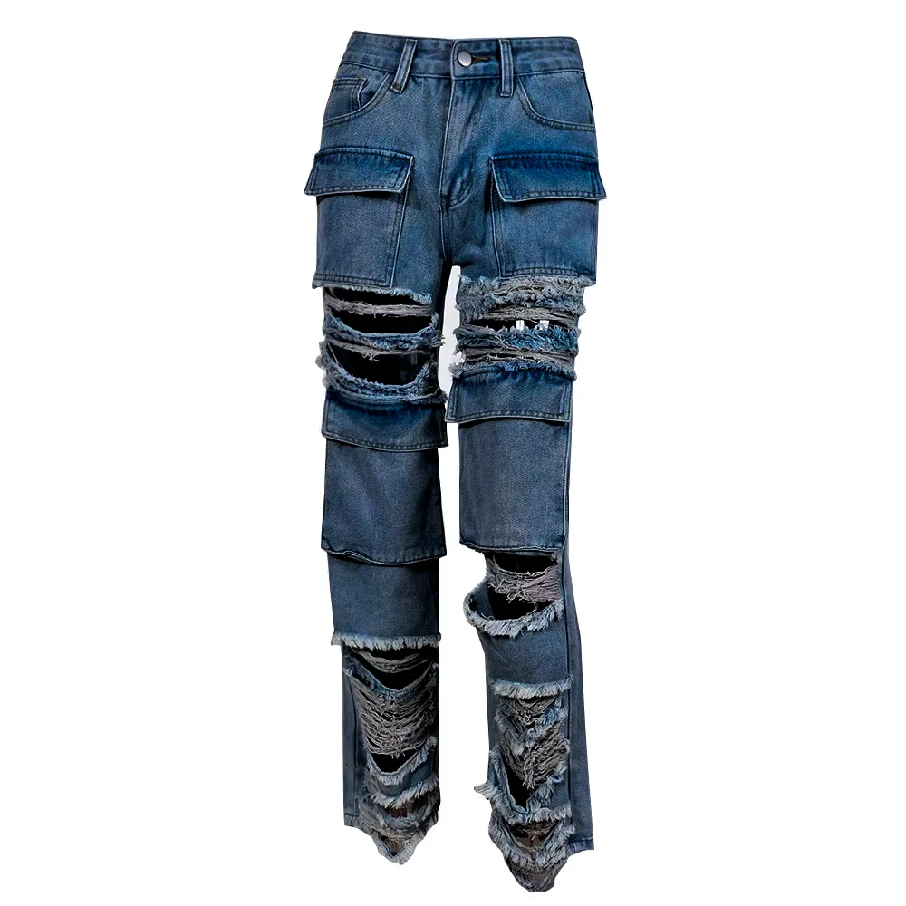 Fashion Pocket Stitching Hollowed-Out Hole Beggar Style Street Casual Straight High Waist Jeans factory