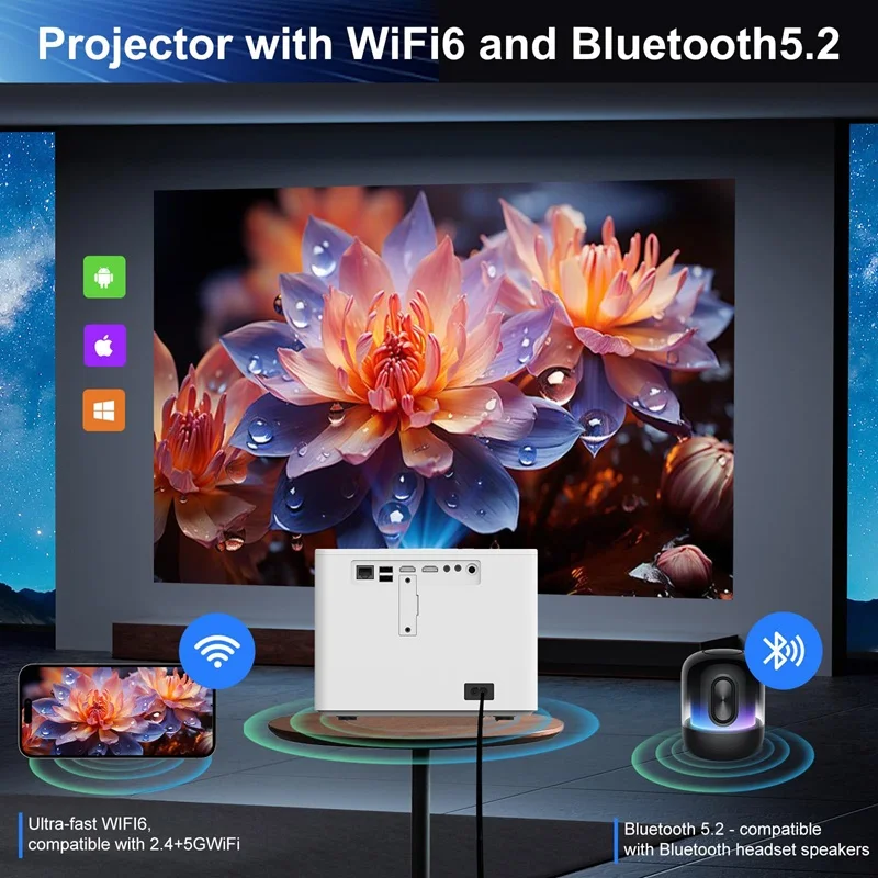 T8 Android 11 Projector 4K Dual WiFi6 500 ANSI Lumens LCD Home Theater Auto Focus Keystone 1080P Portable Projector