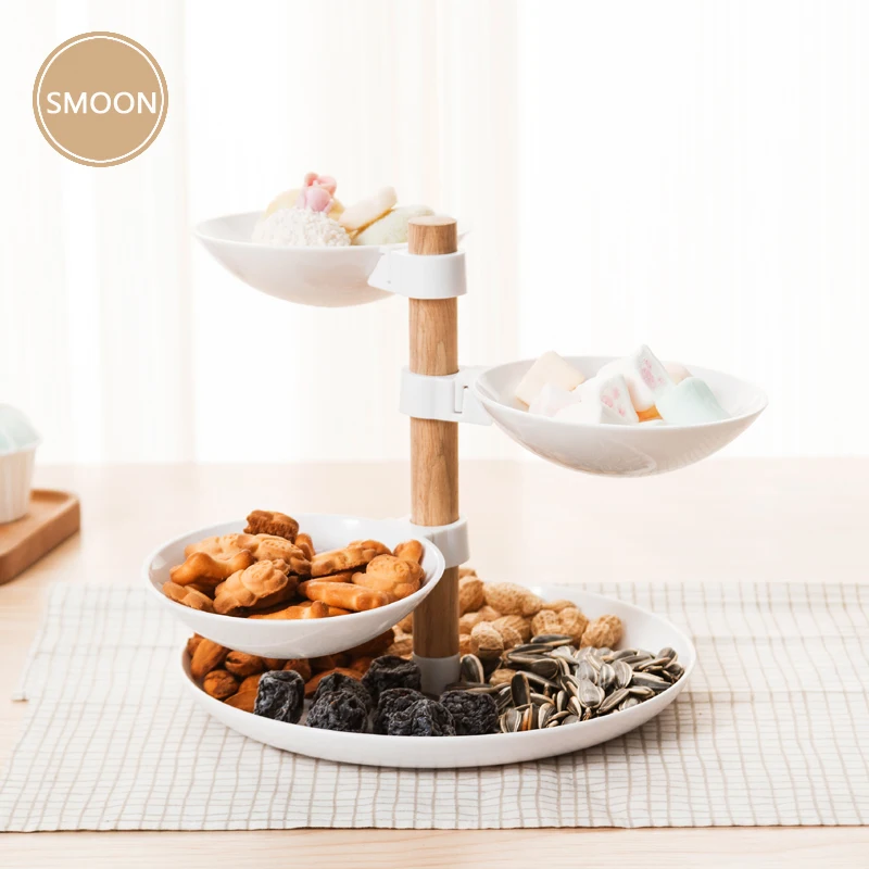 Kitchen accessories 3 layer hot sell wooden plastic snack fruit Nut cup cake serving tray condiments