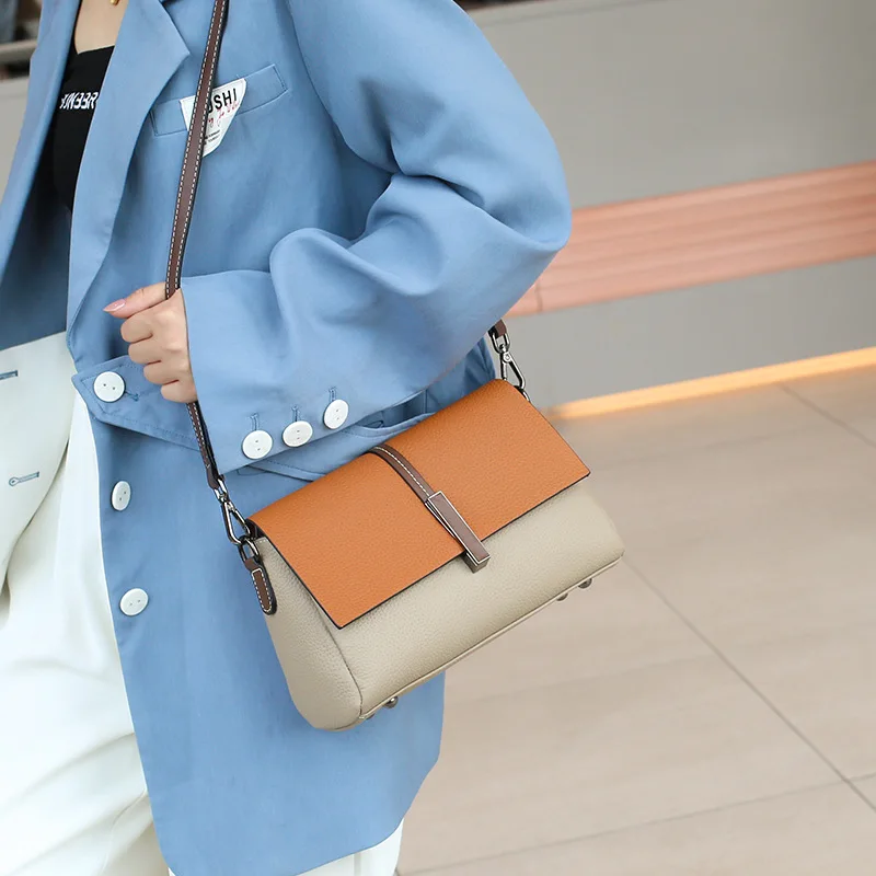 Factory Genuine Leather Women's Underarm Bag Blocking Color Small Square Handbag For Daily Used