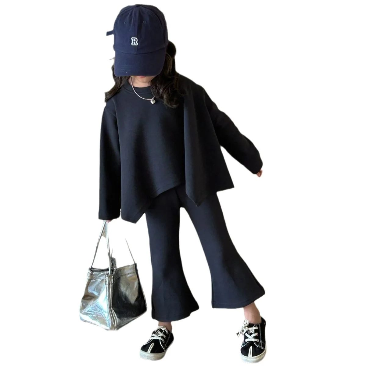 2023 autumn new children's clothes for girls irregular hem hoodie + flare pants for girls two-piece set