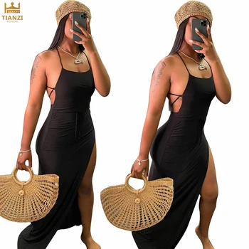 W8174 - women new fashion black solid slit backless maxi dress