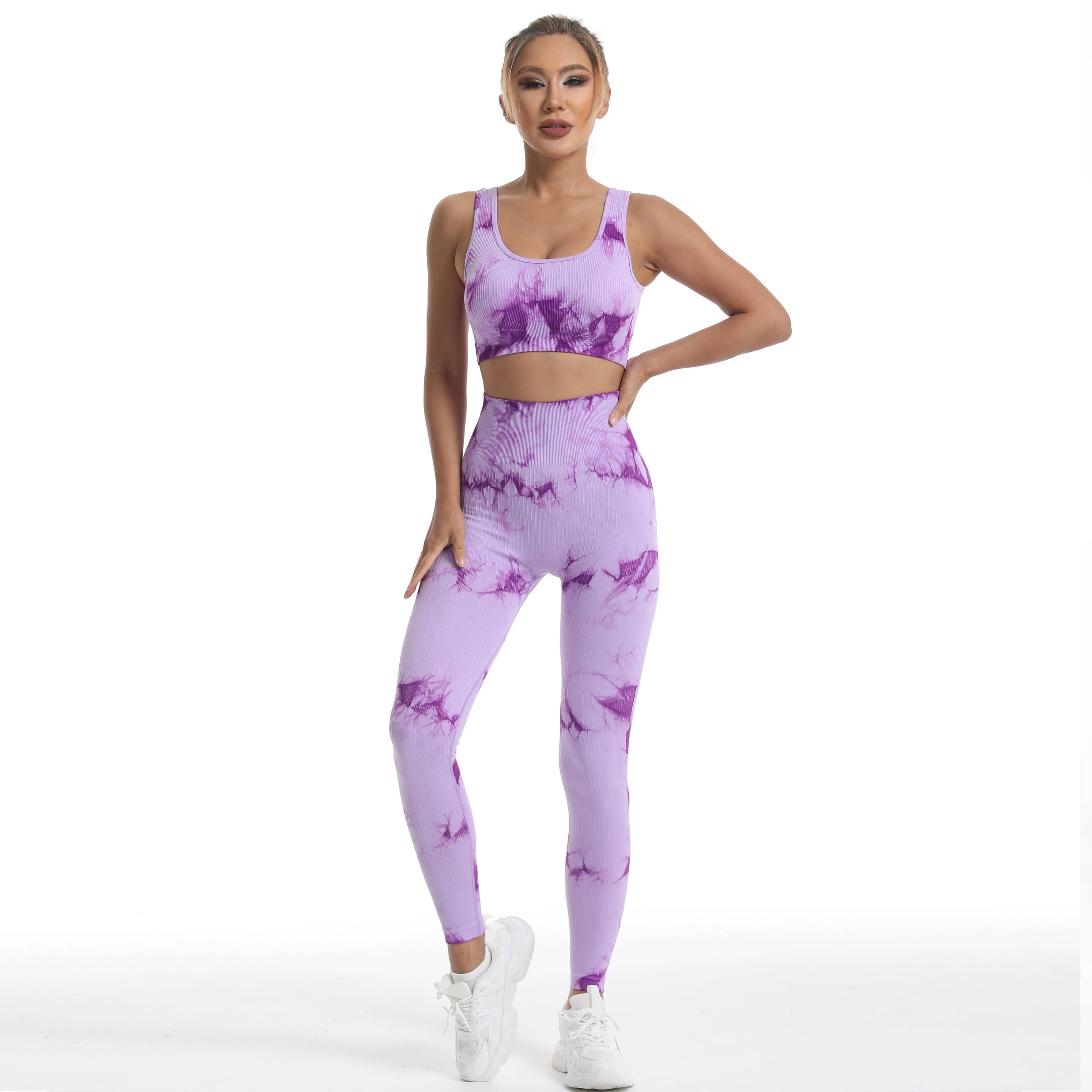New tie-dye seamless yoga suit women's fitness sports bra underwear tight hip-lifting high waist yoga sets