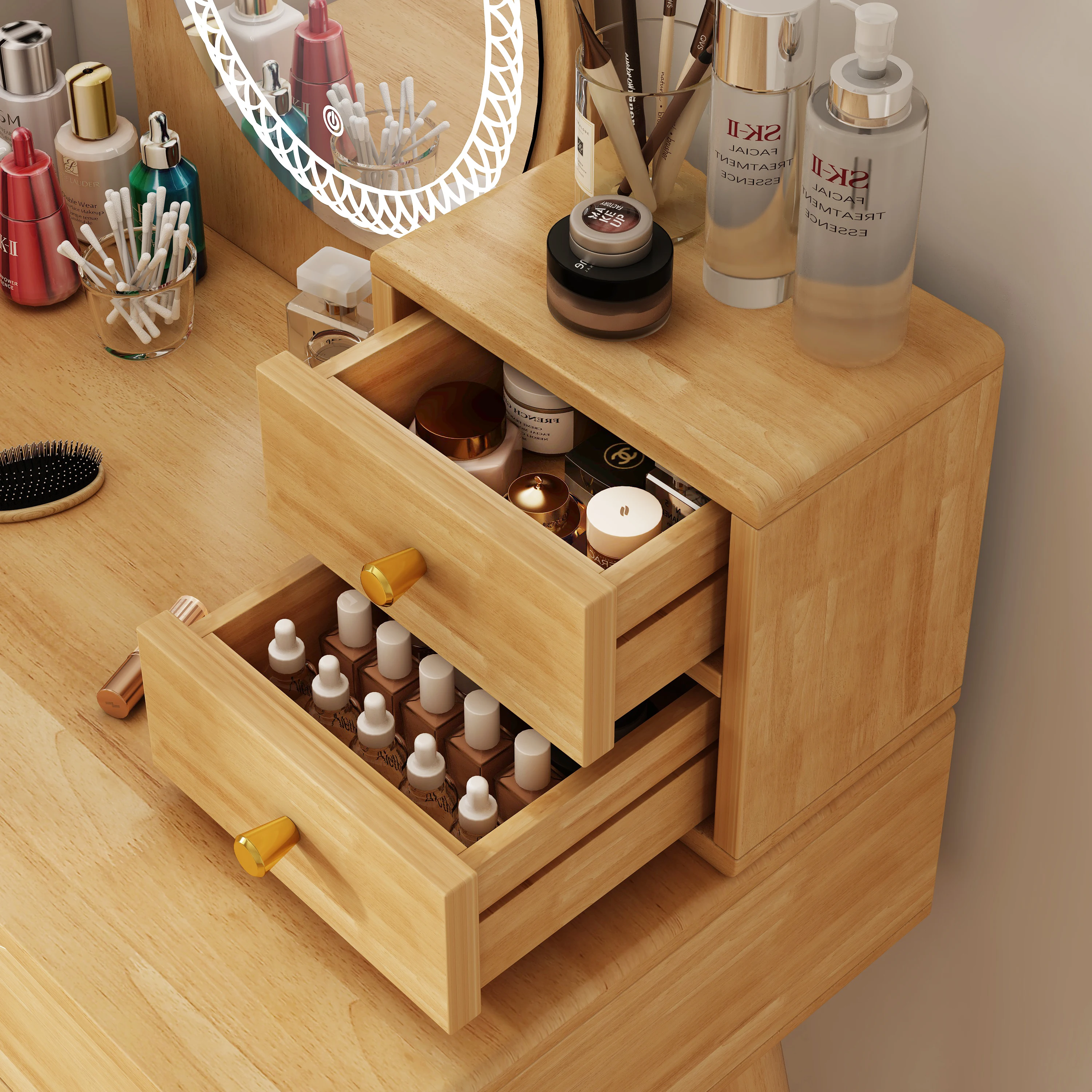 Wooden Oak Walnut Makeup Vanity Table with Round LED Lighted Mirror and Lots Storage for Girls Women Bedroom Studio.