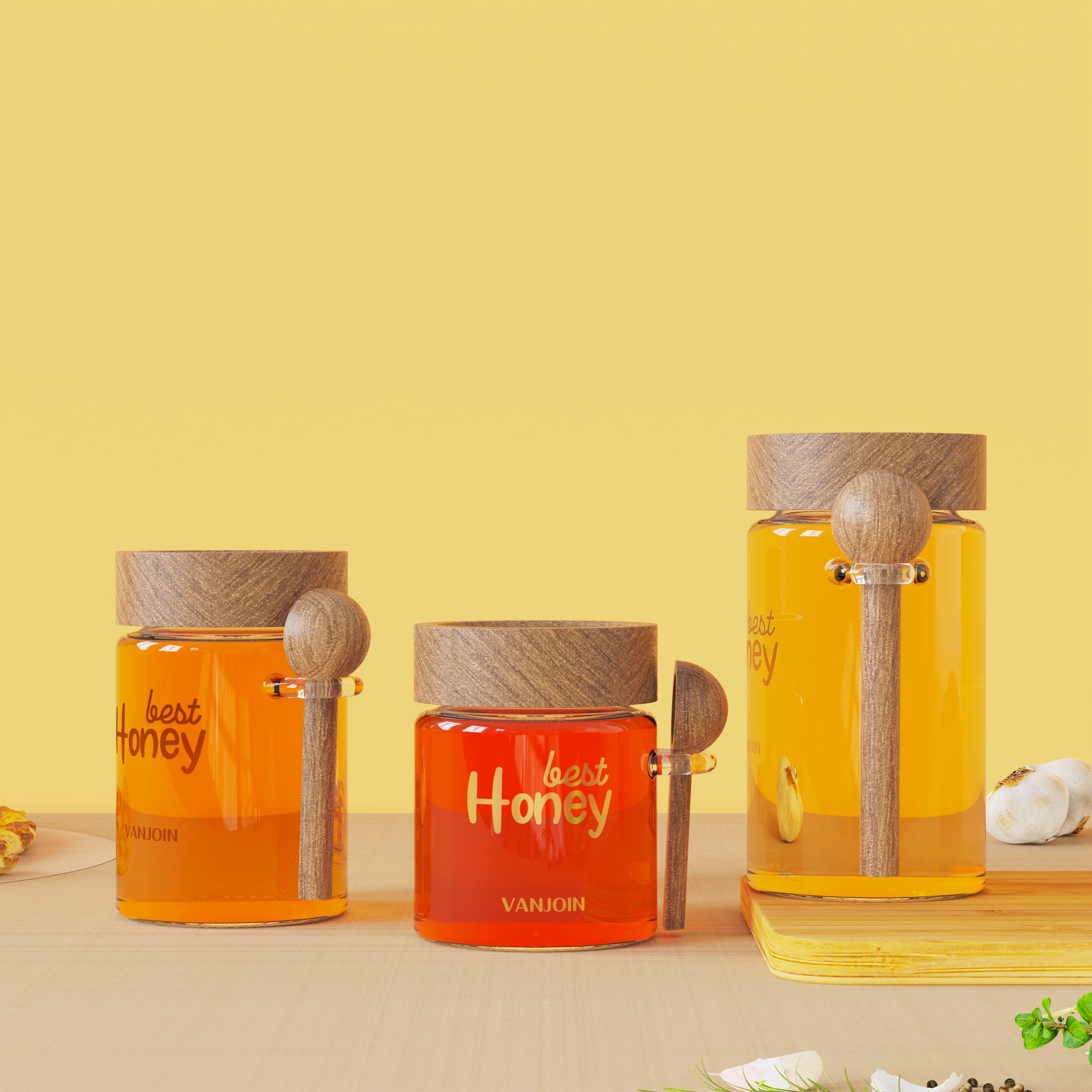 350ML 450ML 580ML Food Grade Glass Jars with Screw Lid for Honey Unique Glass Honey Jar With Dipper Spoon