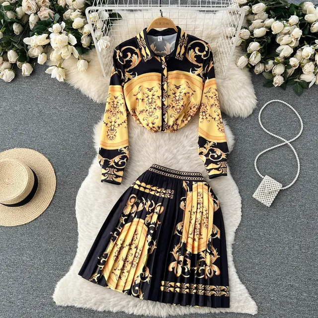 LE2122 Women Fashion Luxury Print Shirt Top + Pleated Mini Skirt Spring Autumn Vintage Long Sleeve Buttons Party 2 Piece Sets