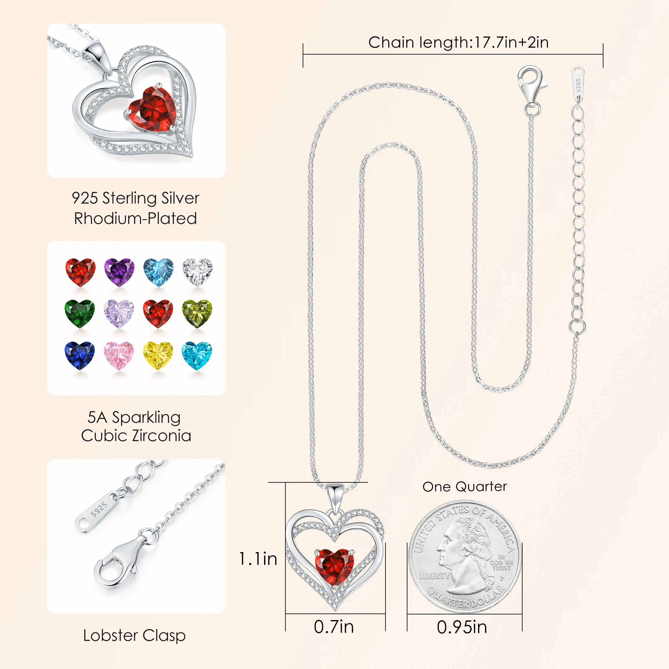 CDE YN0926 Fine Jewelry 925 Sterling Silver Necklace Wholesale Heart Zircon pendant Rhodium Plated Birthstone Pendant Necklace