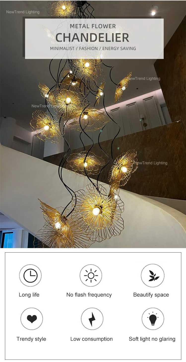 CPL-259 Art Plant Theme Custom Indoor Decoration Lighting Hotel Villa Flower Branch LED Staircase Chandelier manufacture