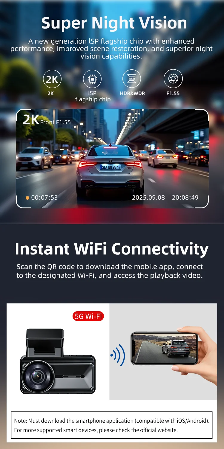 Factory Outlet HDR TOUCH VERSION Dual Lens Wifi Camera 3 Inch IPS LCD Display with 2k+1080P GPS Tracking and Speed for Agent factory
