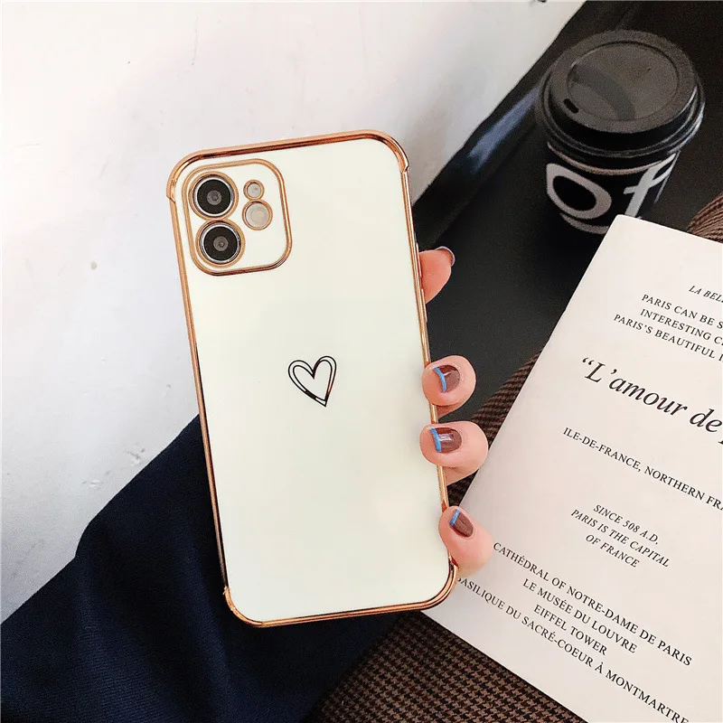 Luxury Electroplated Love Heart TPU Mobile Phones Cover For iPhone 15 14 13 12 11 Pro Max Shockproof Soft Cover For Girls