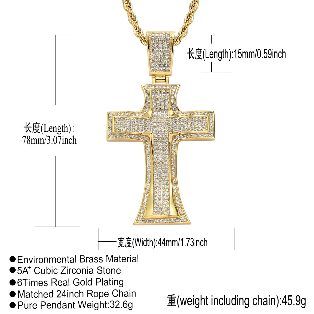 blingbling diamond jewelry necklace,men women copper setting zircon gold plated large size amulet Jesus cross pendant necklaces
