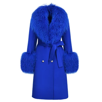 Elegant Winter Ladies Custom Double Face Real Fox Mongonia Fur Collar Cuffs Cashmere Trench Coat with Belt Long Wool Coat Women