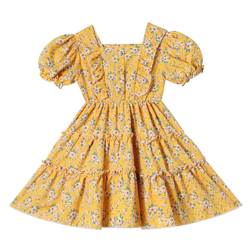 European And American Style Girl's A-line Dress With Bubble Sleeves Floral  Short Sleeve Lace Up High Waist Dress 1905 - Buy European And American  Style Girl's A-line Dress,Bubble Sleeves Floral Short
