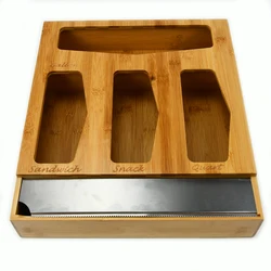 Wood Bamboo Ziplock Bag Storage Organizer for Kitchen Drawer Aluminum Foil Dispenser with serrated edge Cutter