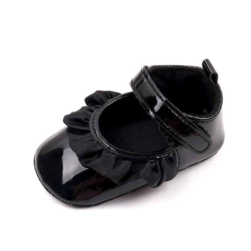 Fashion Lace Princess Shoes Solid Color Baby Girls PU Leather Bright Face Soft Soled Shoes factory