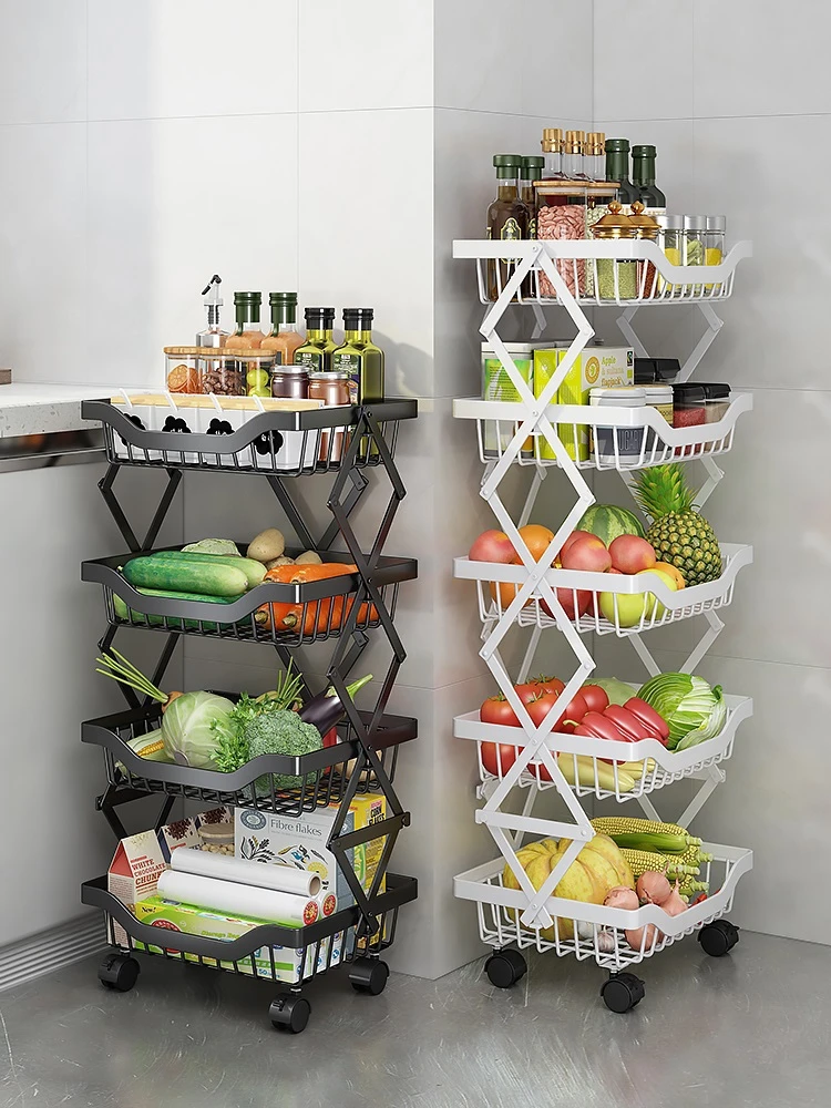 4 Tier Stackable Metal Wire Storage Baskets with Wheels Fruit Vegetable Produce Basket Organizer Bins for Kitchen Pantry