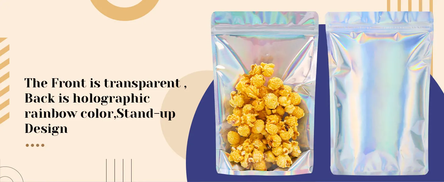 Clear Front Foil Back Iridescent Food Zip Lock Bags Resealable Holographic Stand Up Pouches Smell Proof Mylar Bags 0