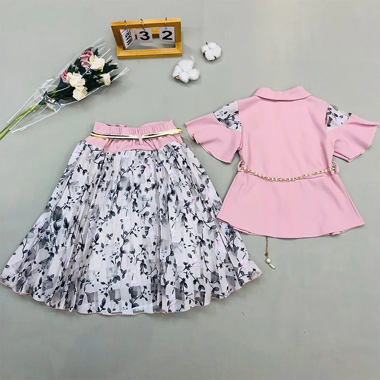 Customize Unique Flower Decoration African Clothing Skirt For Girls Exclusive Short Sleeve Petal Skirt Belt Girls Clothing Set