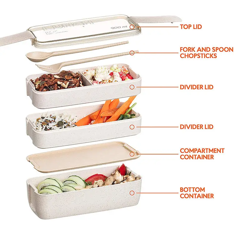 3 Packs Kitchen Lunch Box with Divider Wheat Straw 3-In-1 Microwave  Wheat Straw Soup Box Portable Lunch Box Set with