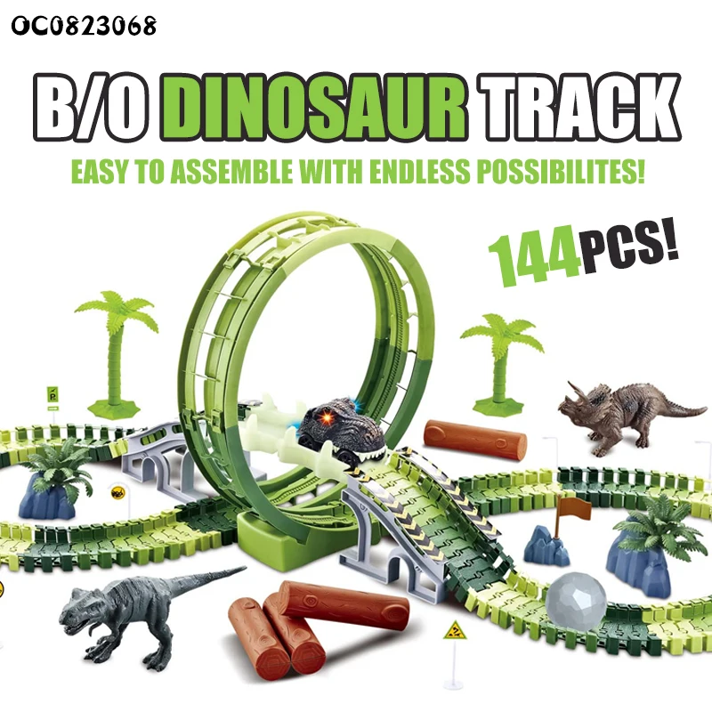 Kids adventure electric slot toys boys race track dinosaur car set with pvc dinosaur