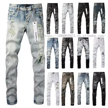 Wholesale High Quality Purple High Street Embroidery Skinny Fitting Stonewash Well-worn Patch Washing Distressed Men's Jeans