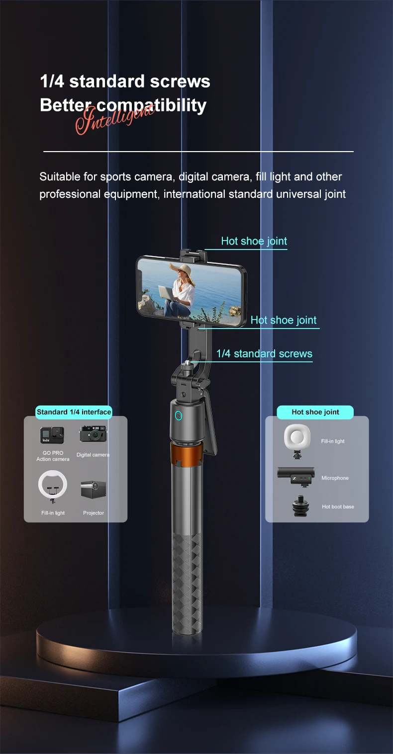 Intelligent AI Face Tracking PTZ Selfie Stick Tripod Anti-shake Foldable Travel Video Live 360 All-round Following Stabilizer