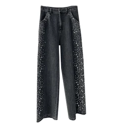 TWOTWINSTYLE Fashion Pant High Waist Patchwork Diamonds Spliced Button Loose Black Jeans Pants For Women