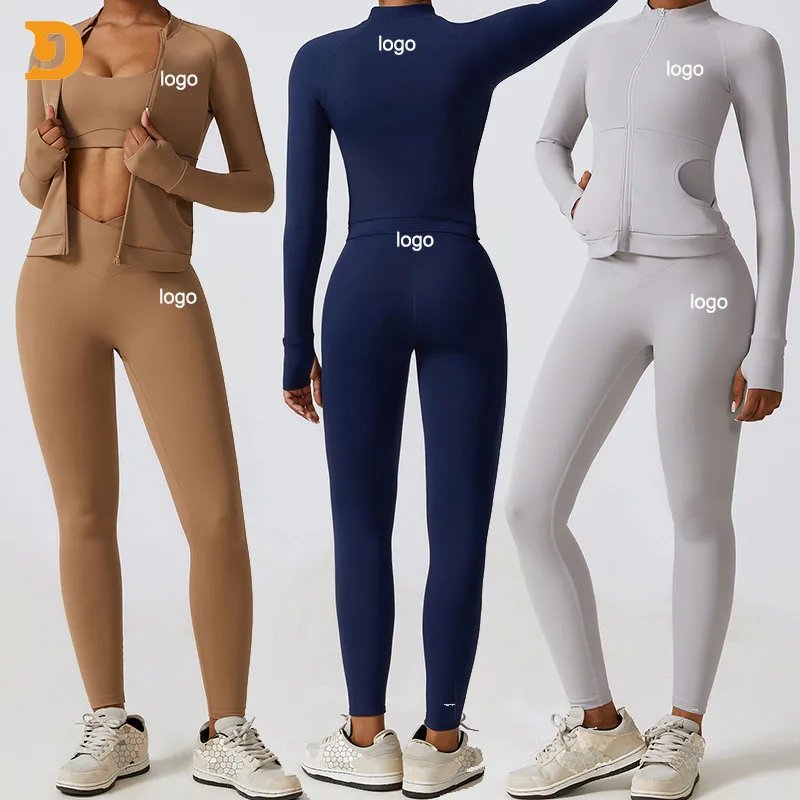 Women Yoga Set Workout Clothes Sportswear Women Gym Sportswear Legging Fitness Zip Long Sleeve Crop Top Yoga Suit Sportswear