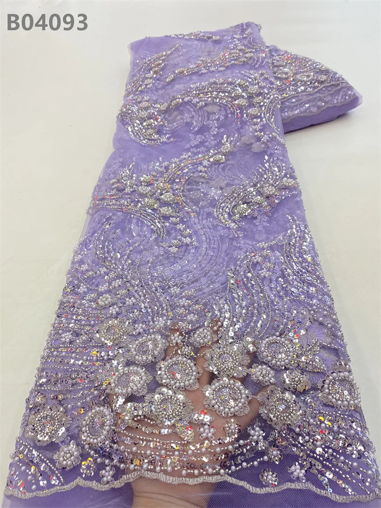 Newest Embroidery Glitter Sequin Stretch Fabric Light Purple Luxury 3d