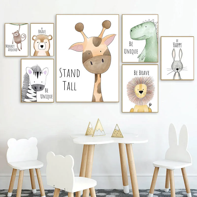 Lion Elephant Cartoon Animal Poster Wall Art Prints Children Room Decoration 