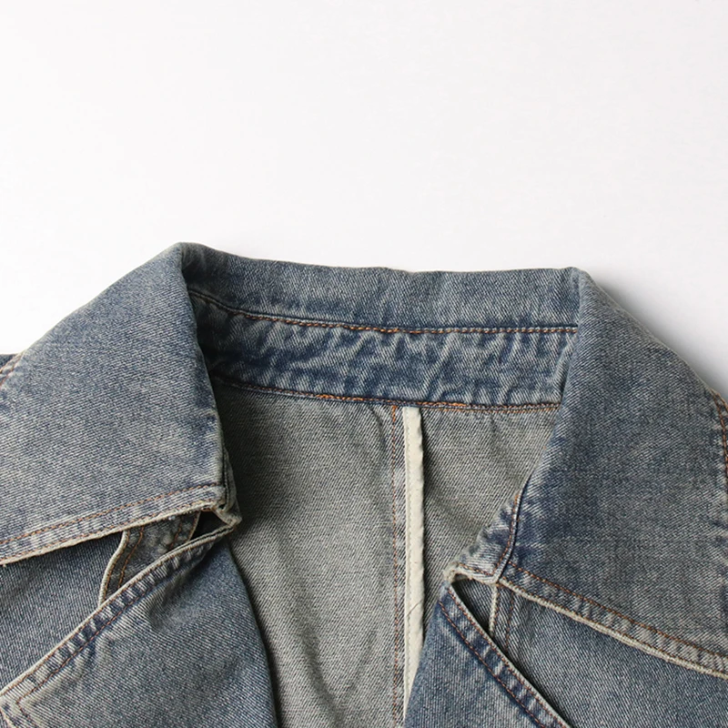 TWOTWINSTYLE Patchwork Belt Spliced Double Breasted Lapel Long Sleeve Jeans Coat Denim Jackets For Women