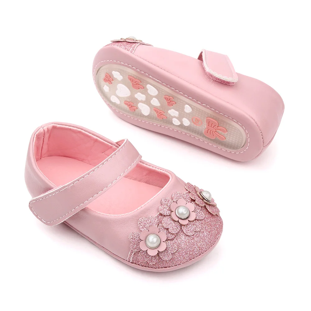 Solid Color PU Leather Glitter Pearl Flower Baby Girls Soft Soled Cute Princess Shoes manufacture