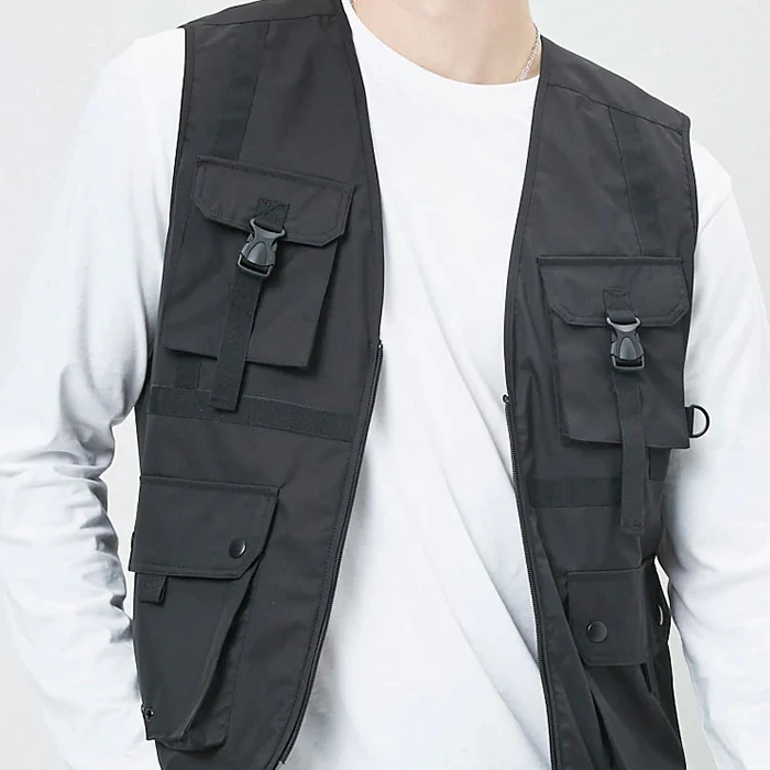 Jacket Zip Up Black Men Utility Vest 