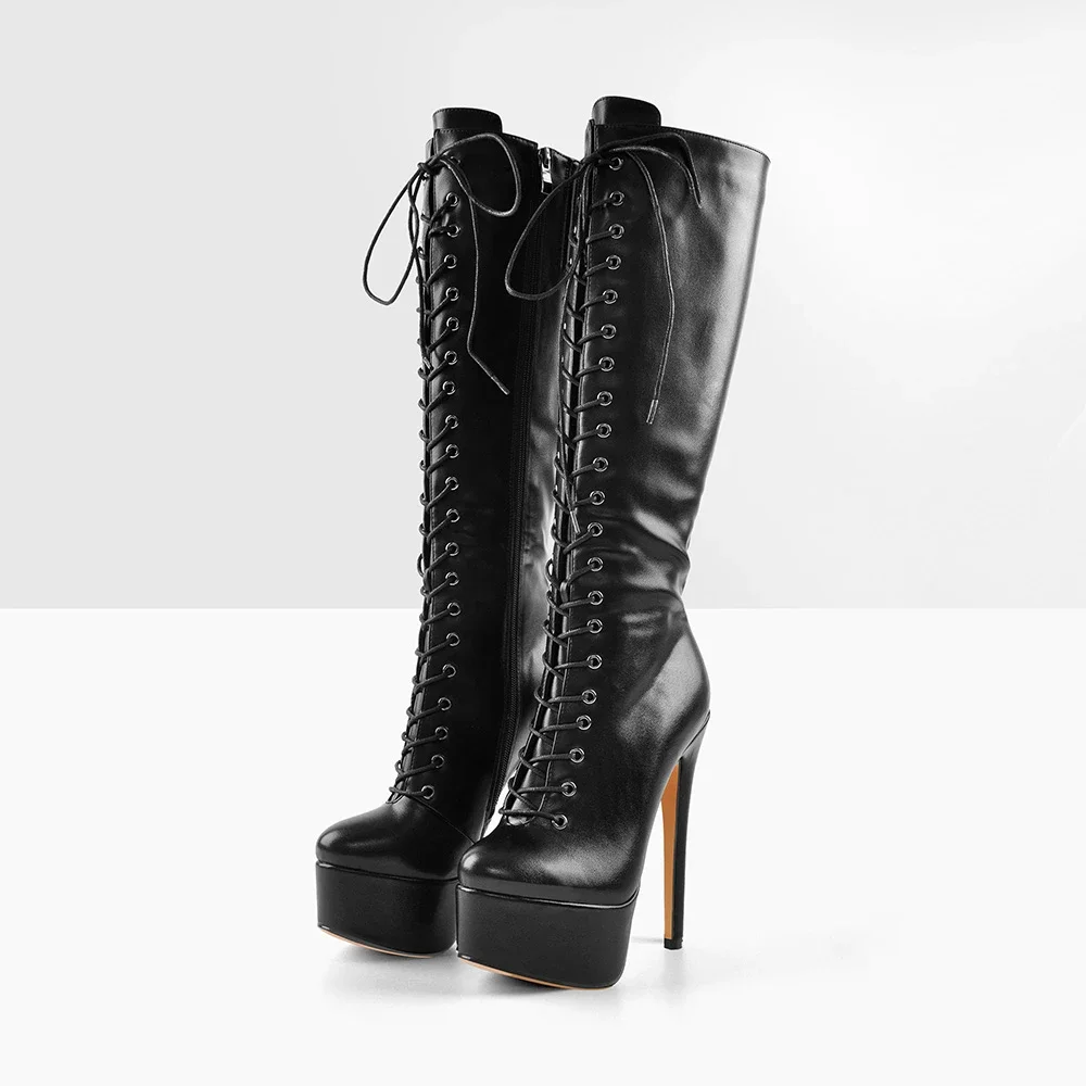 系带冬季女士靴子女靴女式黑色高跟鞋，带平台小圆头高跟