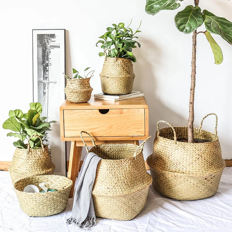 Foldable Seagrass Basket Rattan Wicker Handle Laundry Storage Plant Pot Holder 