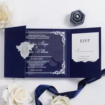 Luxurious Personalized Custom Velvet Wedding Invitations Card with 3D Acrylic Name Tag Custom Tri-Fold Pocket Suite