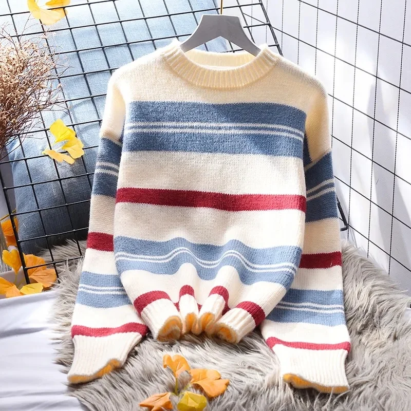 Womens Oversize Knit Striped Sweater Crewneck Long Sleeve Side Slit Batwing Ribbed Pullover Sweater Top