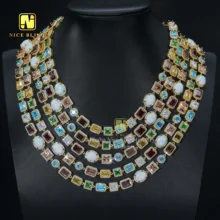 NEW Coffee Color Fancy Chain Fashion Jewelry Opal Stone Men Icd Out 5A CZ Multi Color Gemstone Hip Hop Mutif Necklace