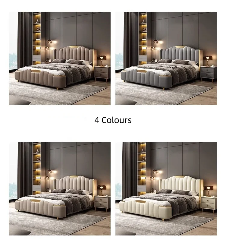 Wholesale Luxury King Size Modern Leather Bed with Gold Stainless Steel Frame High Double Bed Upholstered Leather Headboard