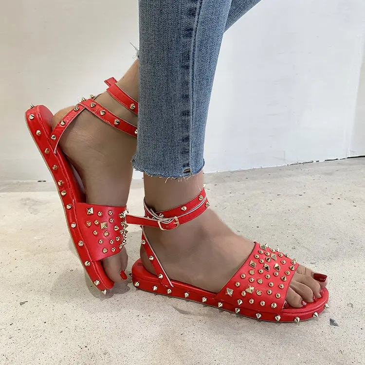 Monetair verdieping Legacy Hot Sale Summer Shoes Waterproof Pu Flat Lace-up Slippers Slip-on Round Toe  Sandals With Rivets For Women Sandalen - Buy Hot Sale Summer Shoes  Waterproof Pu Flat Lace-up Slippers Slip-on Round Toe