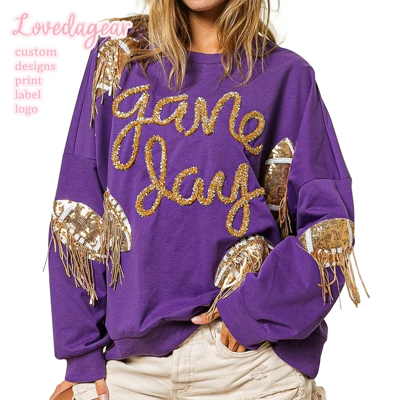 Custom Game Day Football Sequin Tassel Shirt Top Women Patchwork Embroidery Sweatshirt