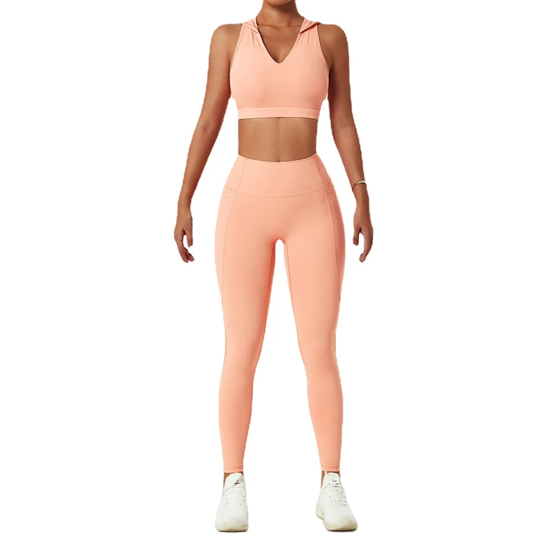 Hooded Tank Top Sports Bra Fall Nylon Yoga Set Yoga Leggings With Pockets Plus Size Womans Yoga Set