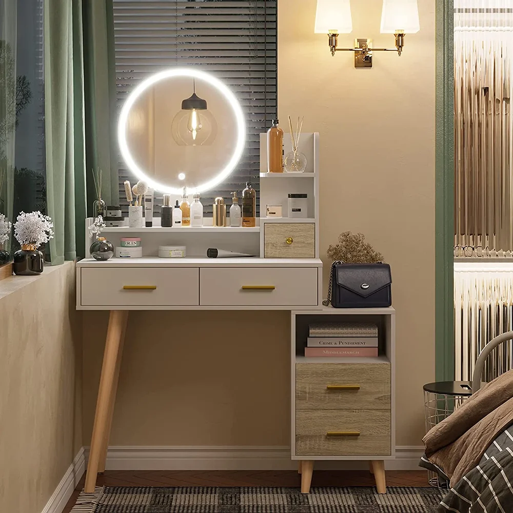 Modern Luxury Dressing Table Vanity with Smart Lighted Mirror Wood Panel for Bedroom Usage Smart Storage Makeup Vanity manufacture