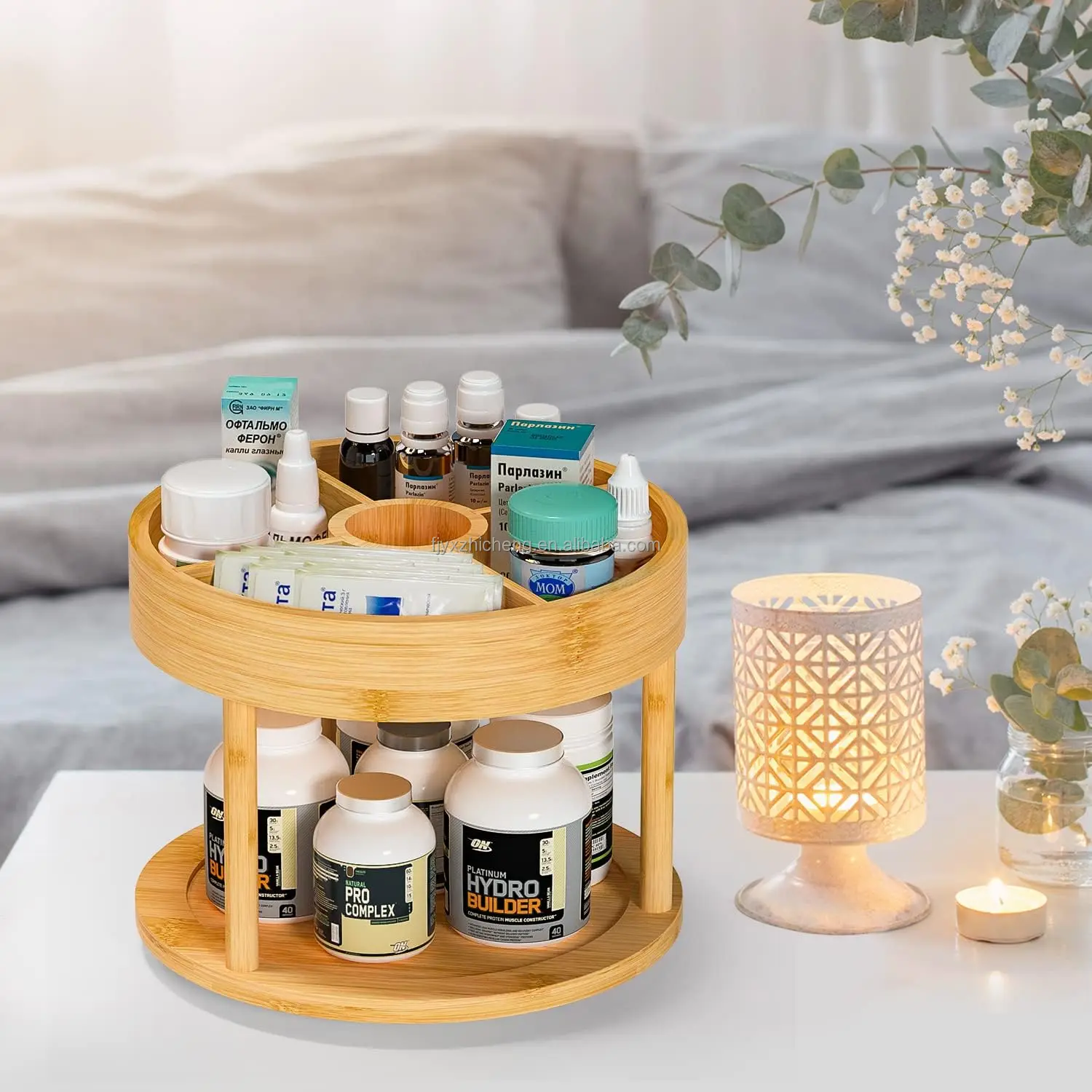 product round 2 tier rotating lazy susan turntable home kitchen bamboo spice rack organizer for cabinet-2