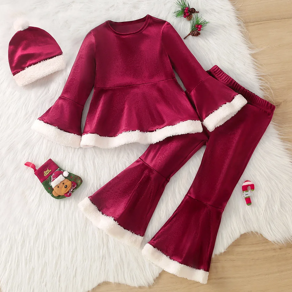 High quality toddler girls Christmas clothes soft gold velvet children's clothes kids winter outfits sets